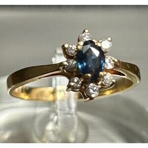 14k solid yellow gold blue sapphire 8 diamonds ring SZ6.25, fine jewelry 2.21g